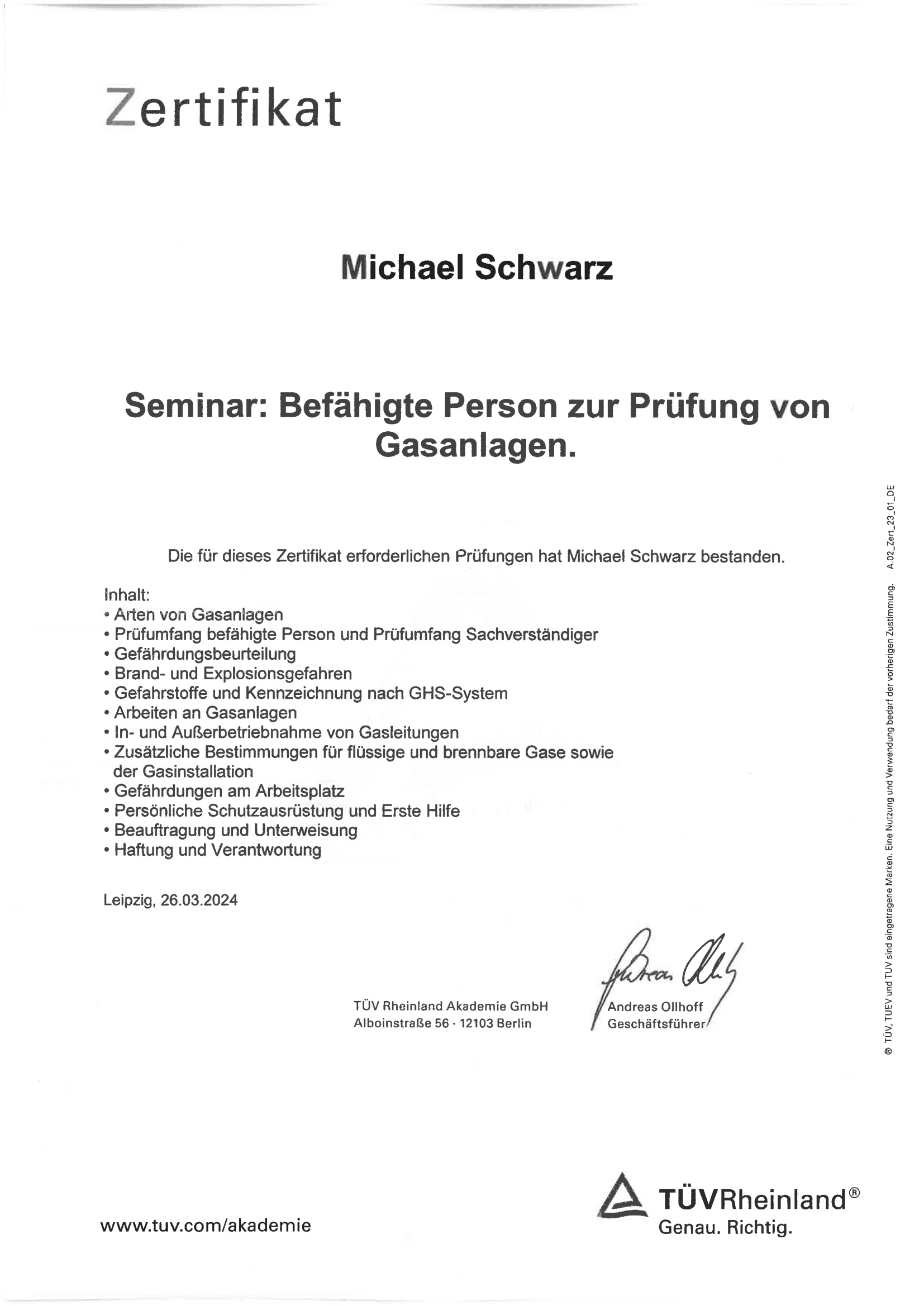TÜV Rheinland Zertifikat Gasanlagen