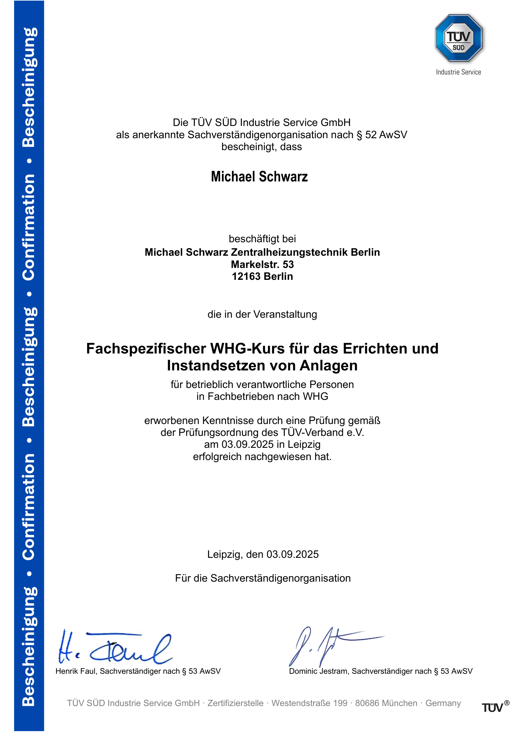 TÜV Süd WHG-Kurs Zertifikat